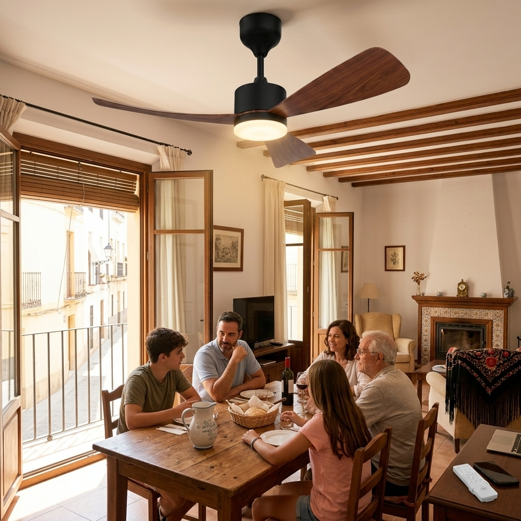 Una familia sentada a una mesa de madera con un ventilador de techo con luz encima.