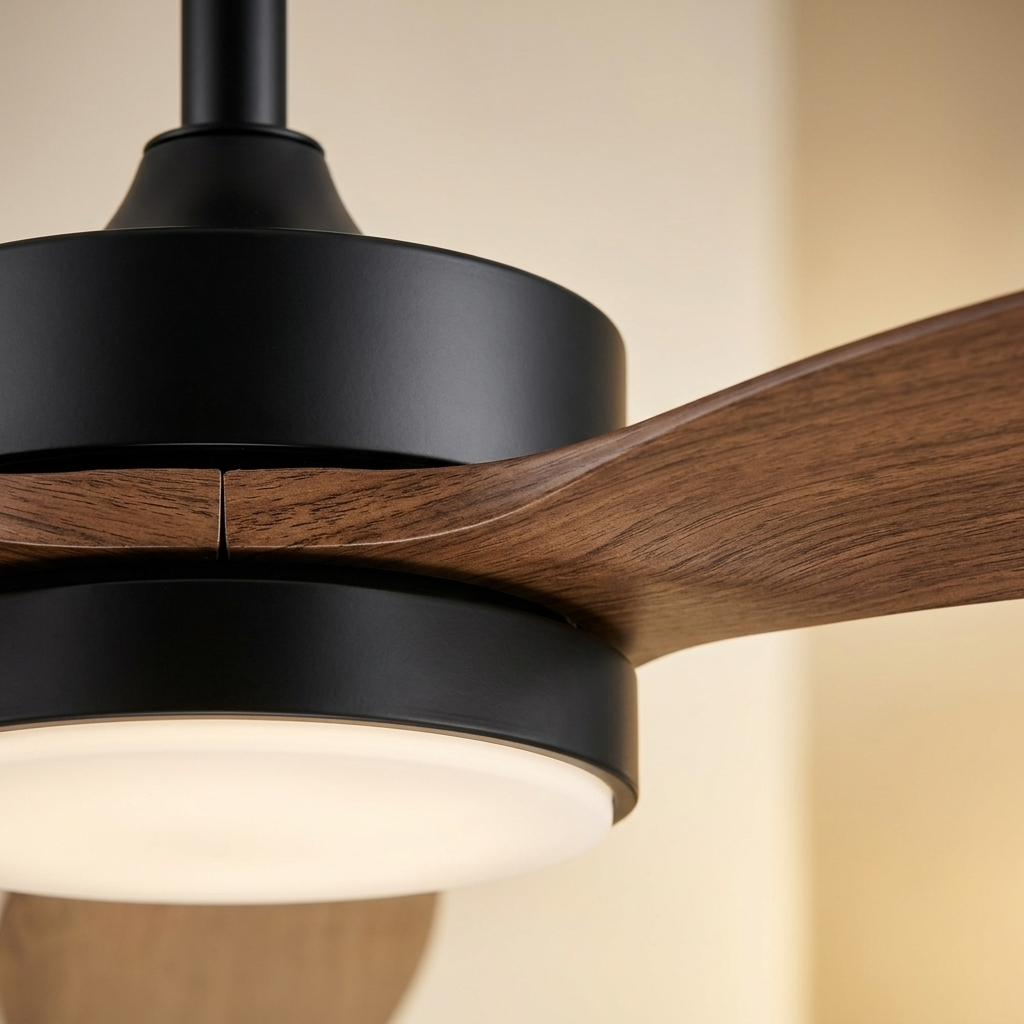 Un ventilador de techo moderno con partes de metal negro y aspas de madera.