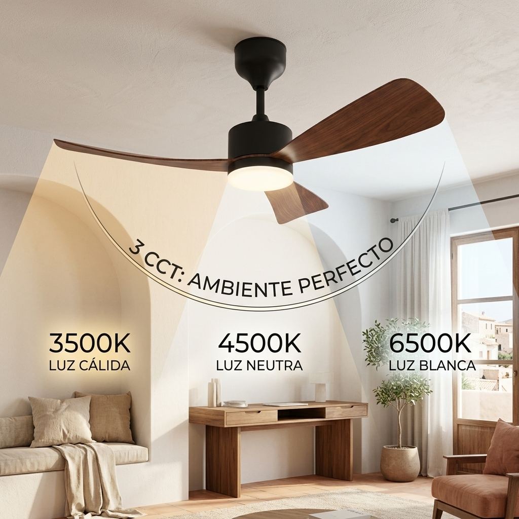 Ventilador de techo con luz muestra 3 colores de luz: cálida, neutra, blanca.