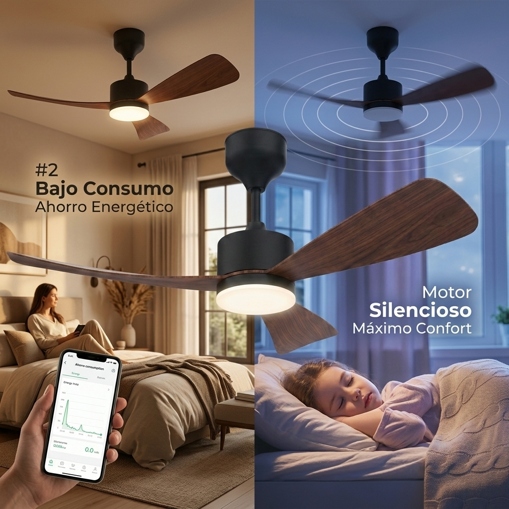 Ventilador de techo con aspas de madera y luz. Izquierda: mujer en cama, derecha: niña durmiendo.