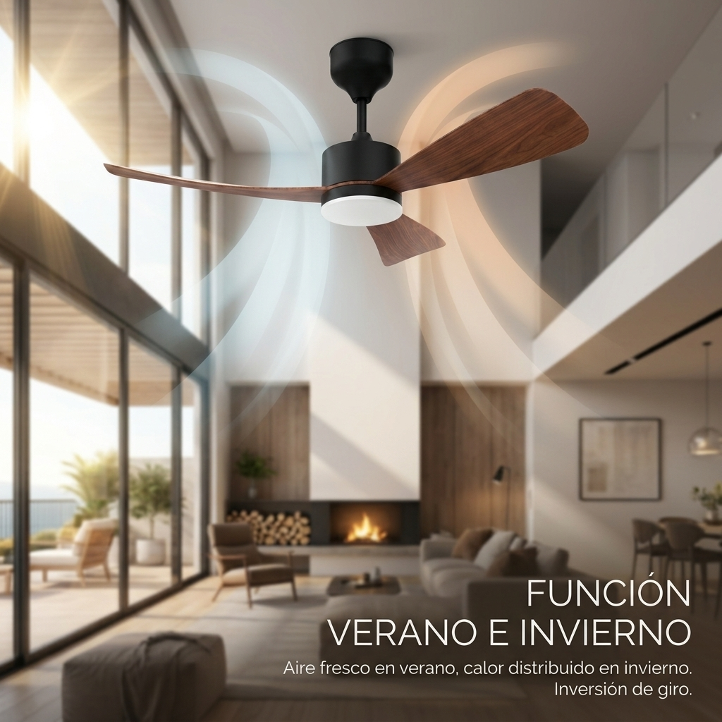 Moderno ventilador de techo con aspas de madera en salón con chimenea.