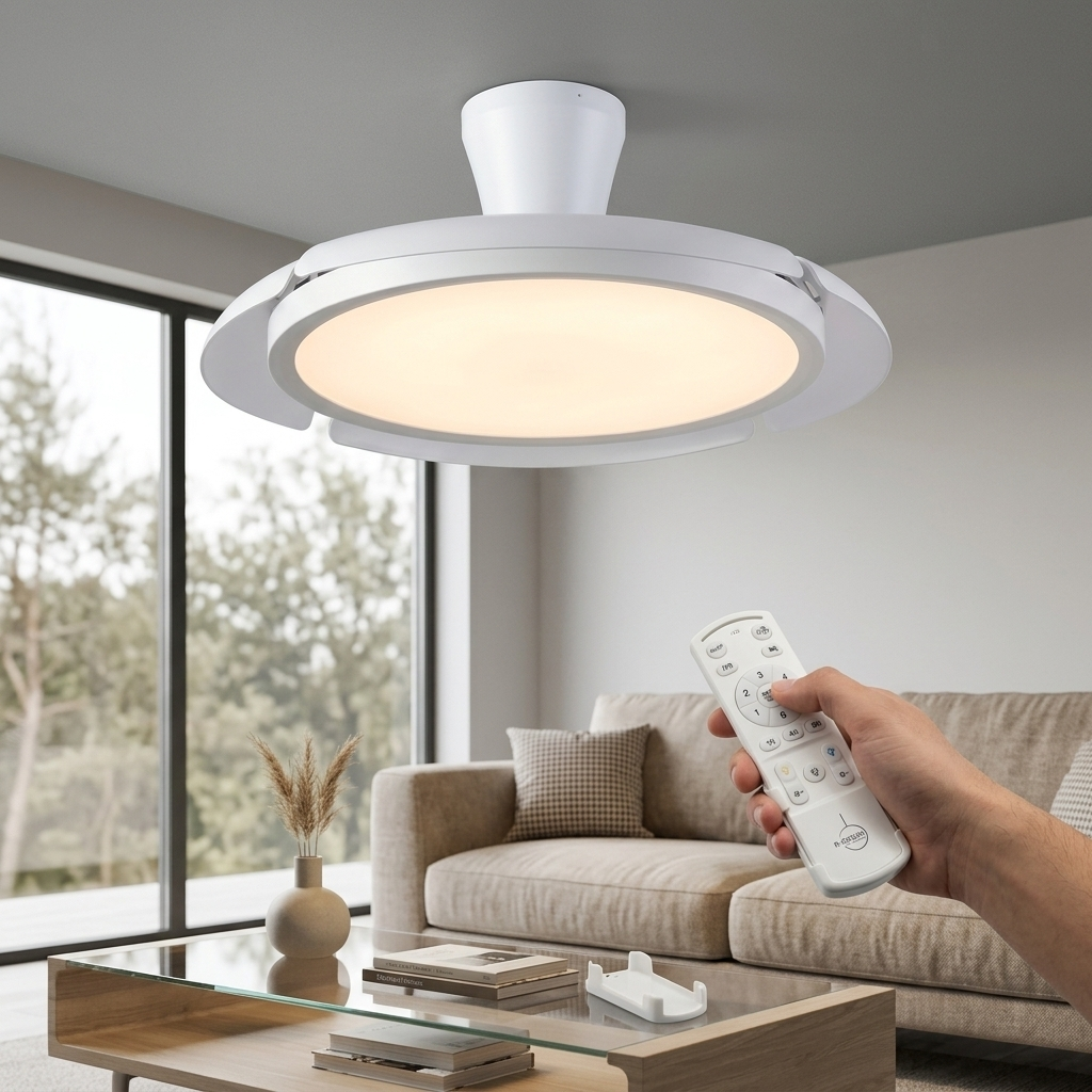 Una mano sostiene un control remoto blanco frente a un ventilador de techo iluminado.