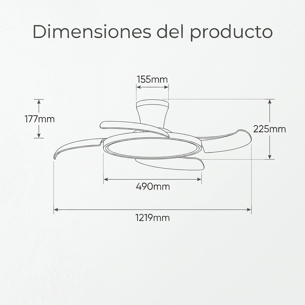 Dibujo técnico de un ventilador de techo con dimensiones: 155mm, 177mm, 225mm, 490mm y 1219mm.