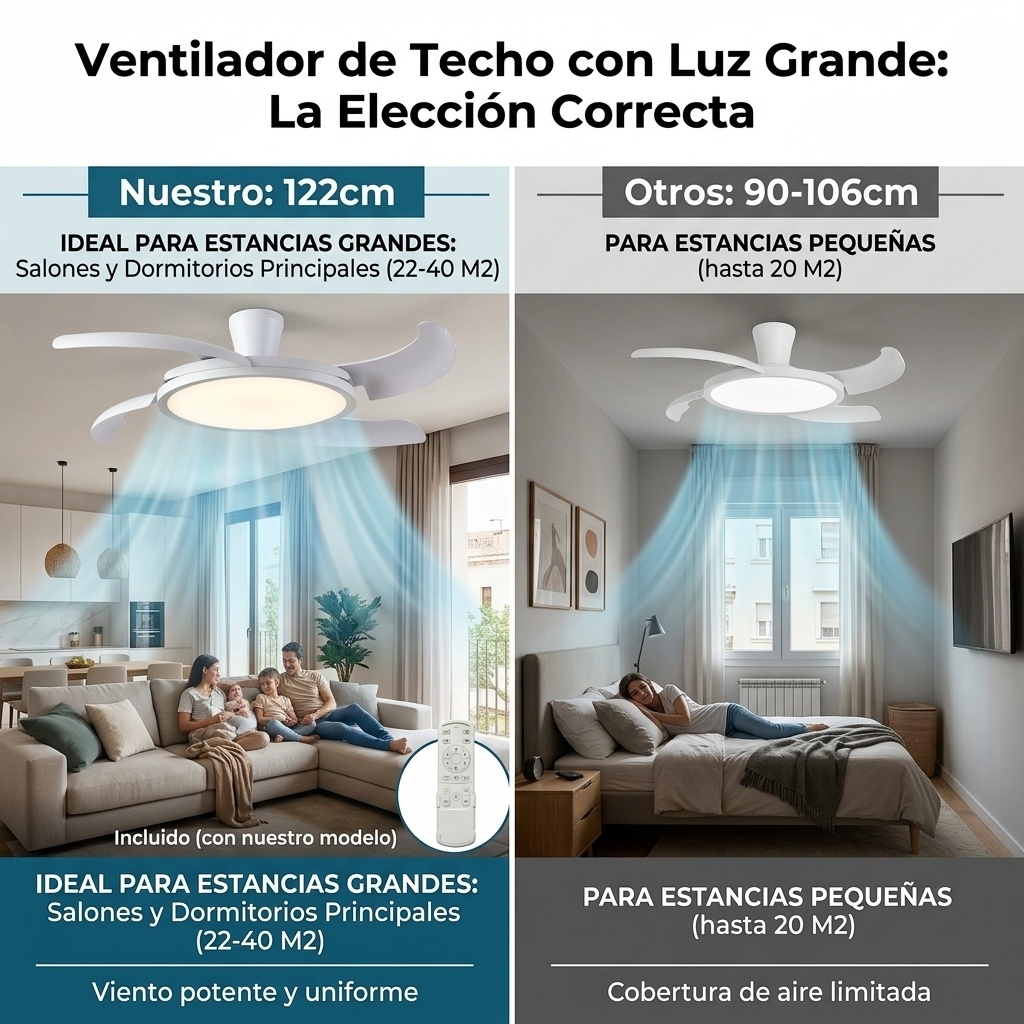 Comparación de dos ventiladores de techo con luz para habitaciones grandes y pequeñas.