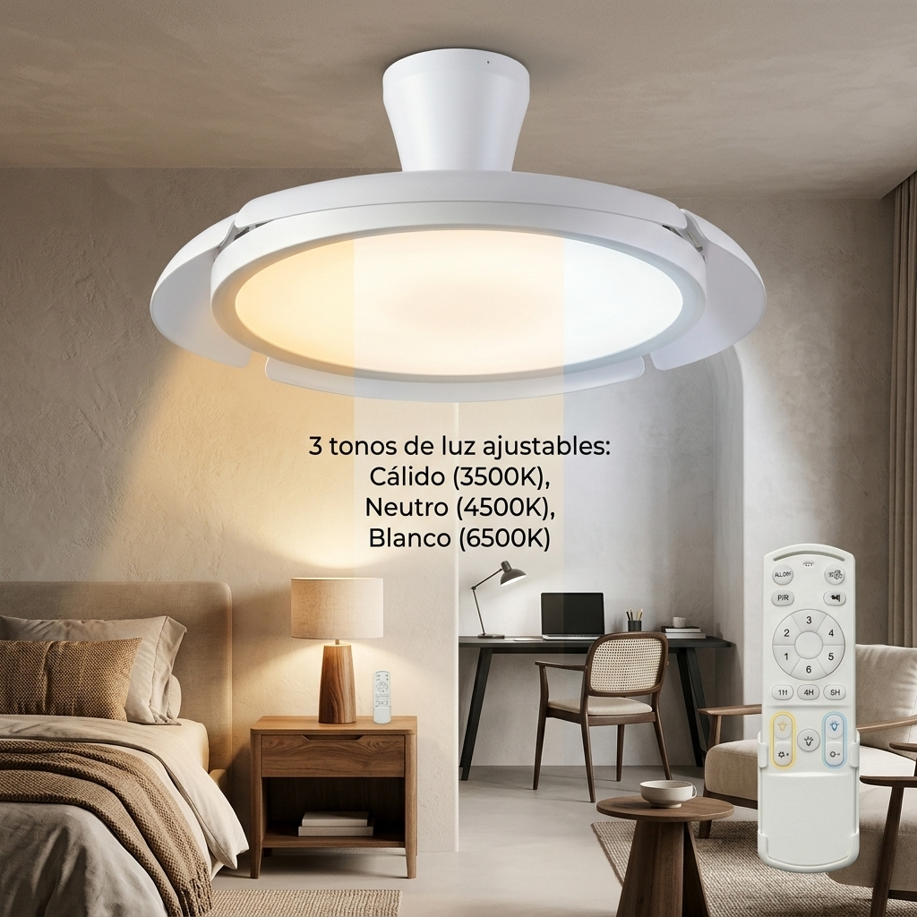 Ventilador de techo con iluminación ajustable y control remoto en un dormitorio.