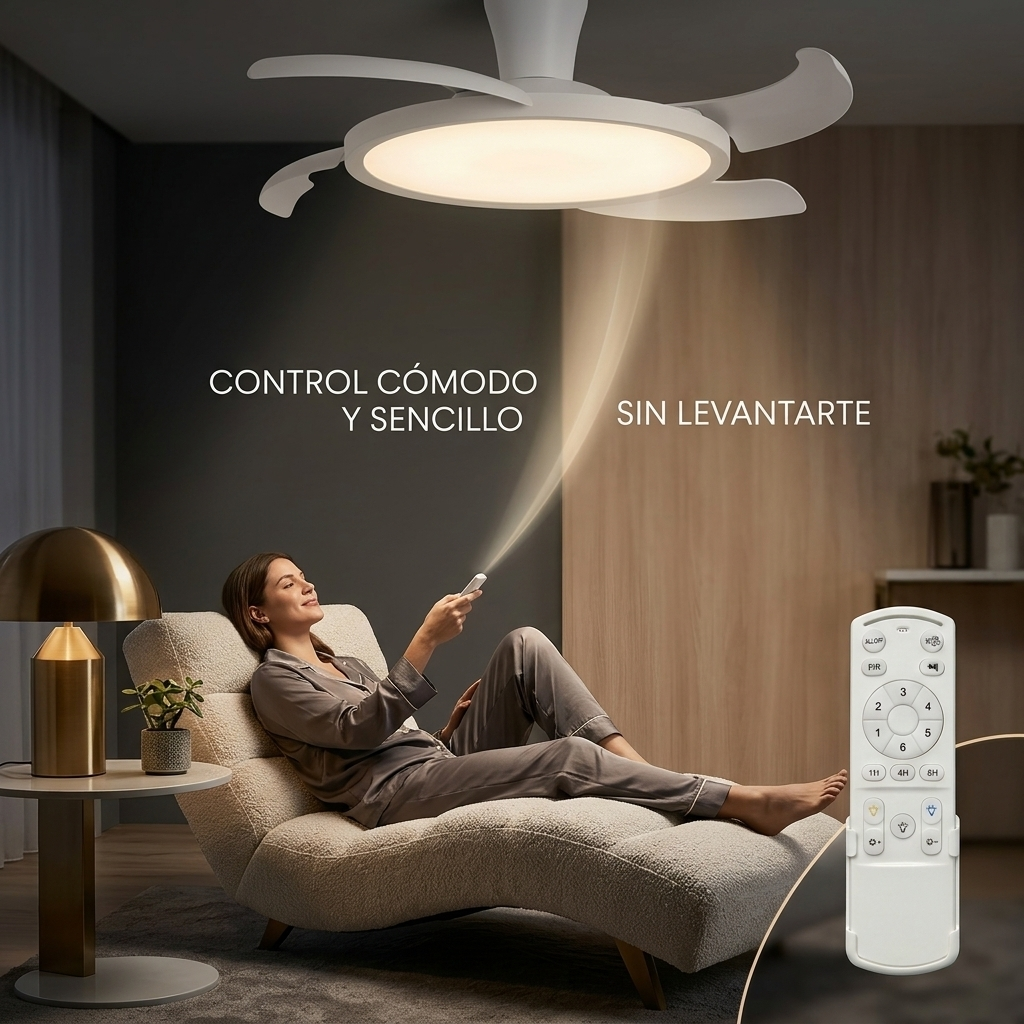 Mujer relajándose en tumbona, controlando ventilador de techo con luz por control.