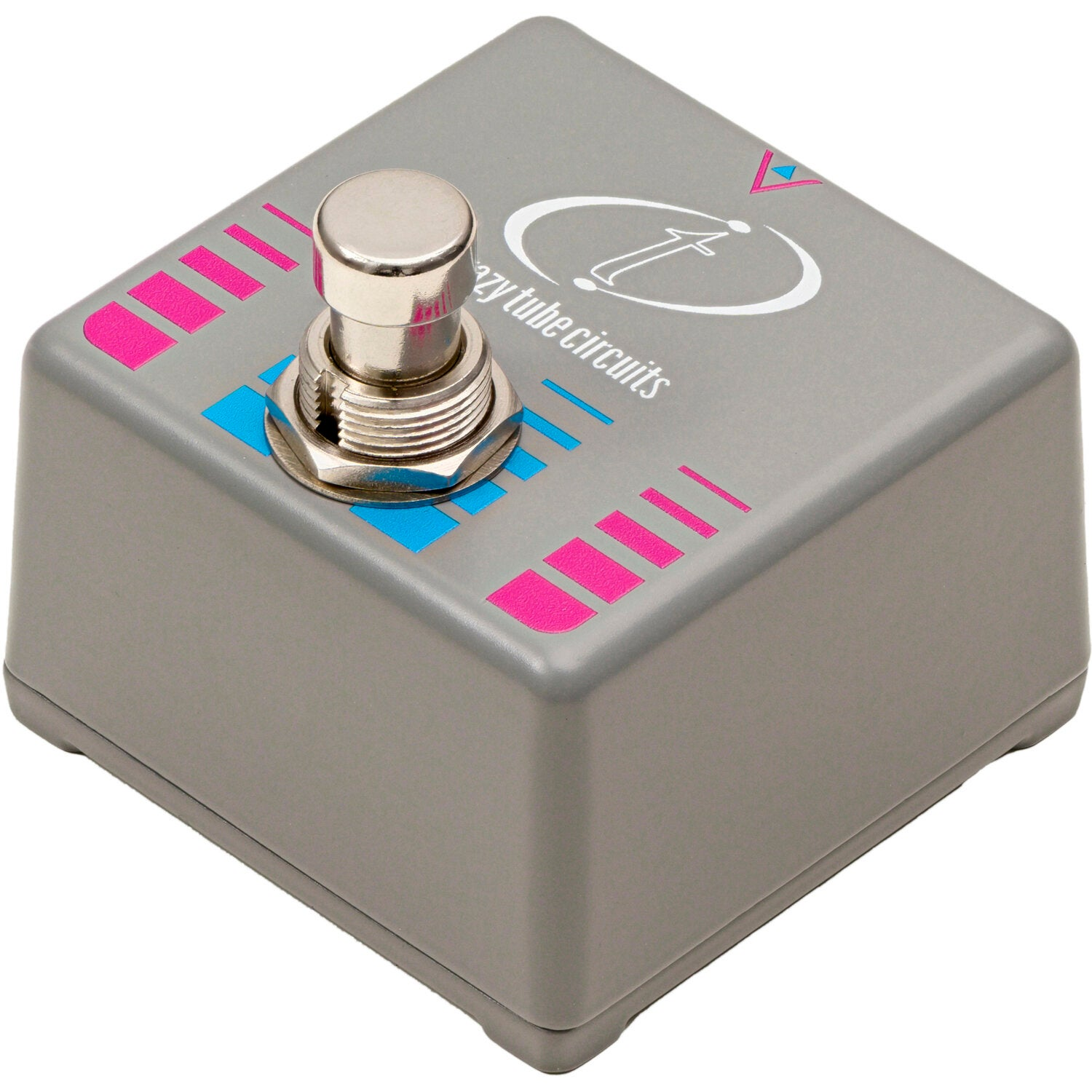 Gray stompbox with a silver footswitch and pink/blue accents.