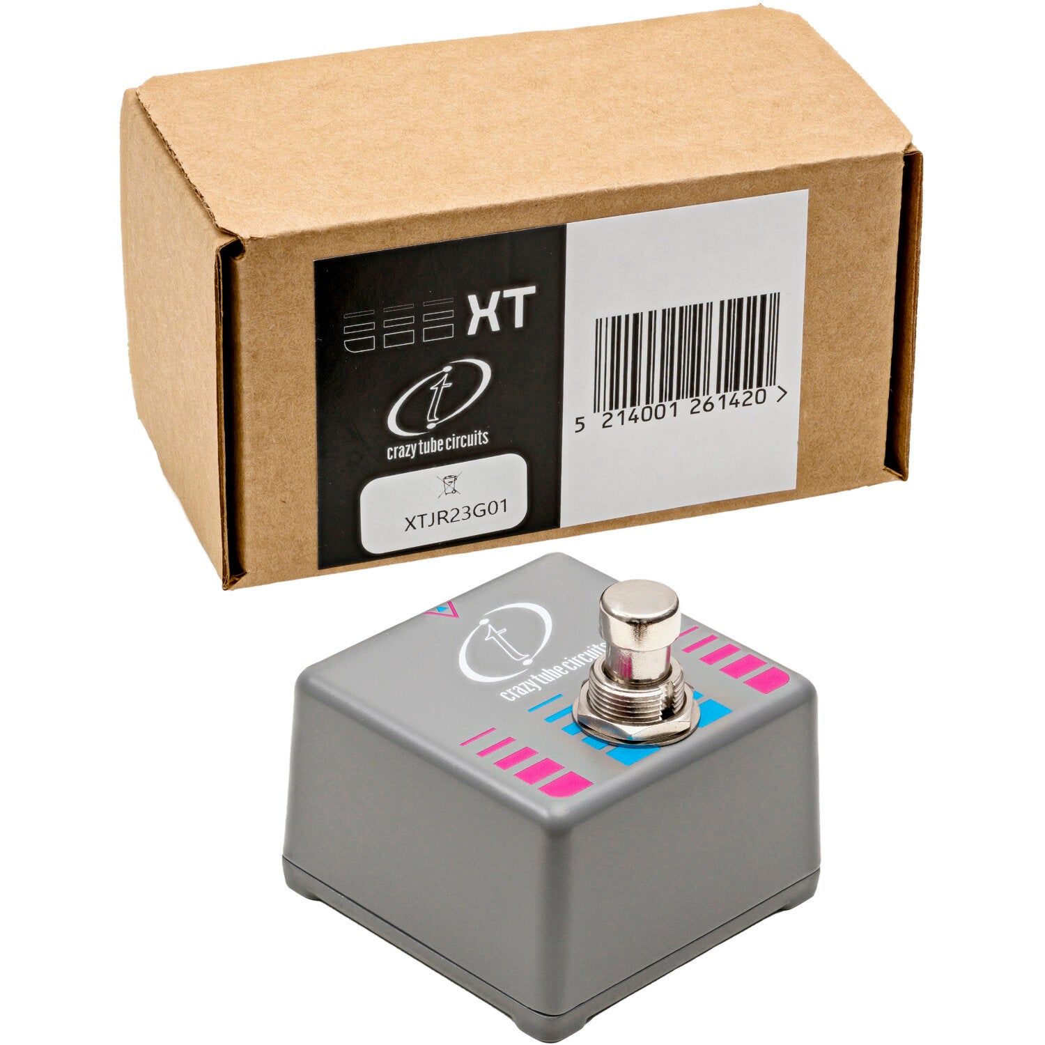 Gray stompbox with silver footswitch and cardboard box.