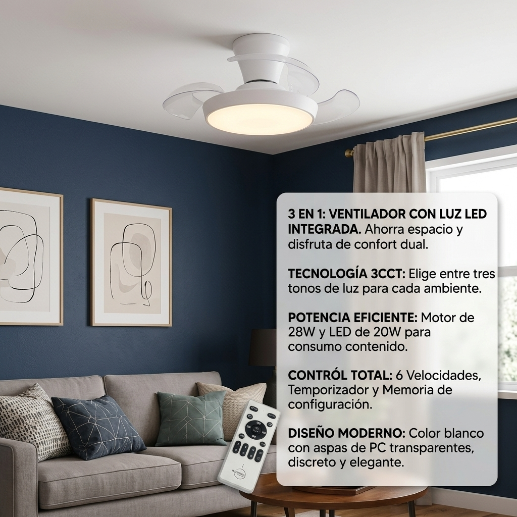 Un moderno ventilador de techo blanco con luz LED integrada en una sala.