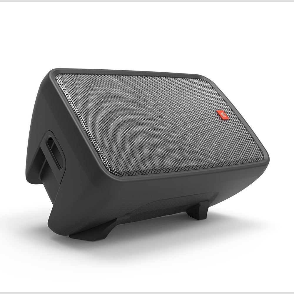 A black JBL speaker with a gray grille and red logo on a white background.