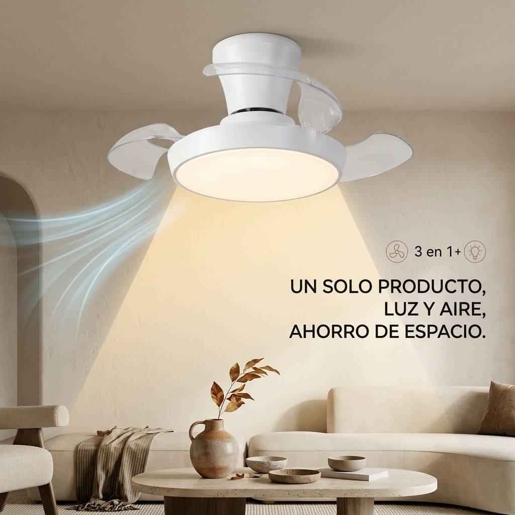 Un ventilador de techo blanco con luz circula aire y luz en un salón.