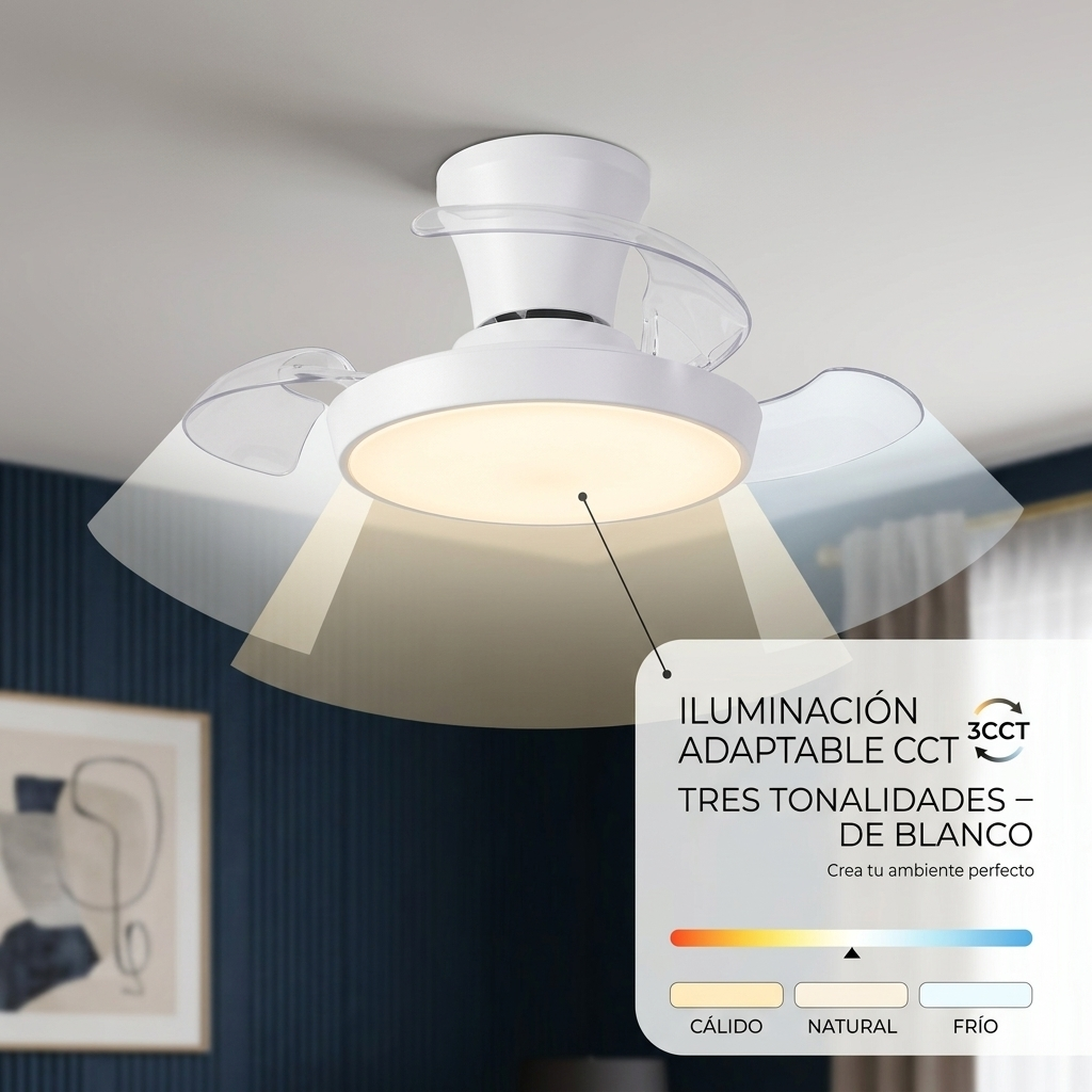Un ventilador de techo blanco con iluminación integrada y ajustable.