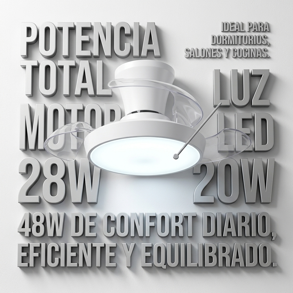 Ventilador de techo blanco con luz. Texto: Potencia total 28W, luz LED 20W.