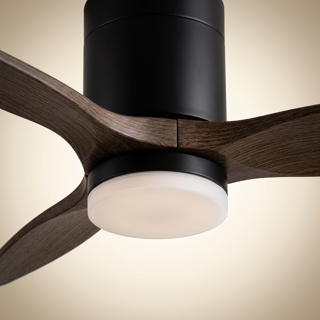 Primer plano de un ventilador de techo con aspas de madera oscura y carcasa central negra con luz integrada.
