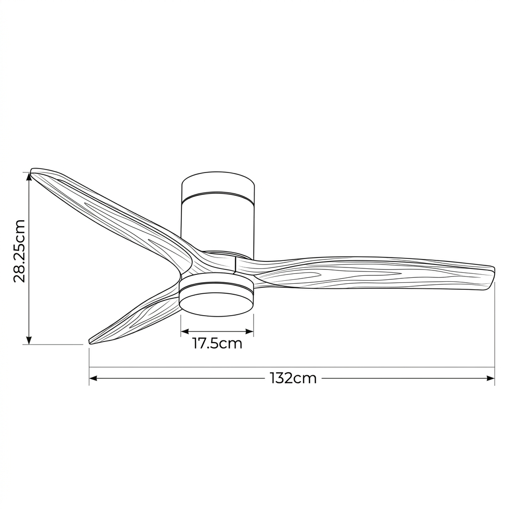 Ventilador de techo con tres aspas veteadas, 132cm de diámetro.