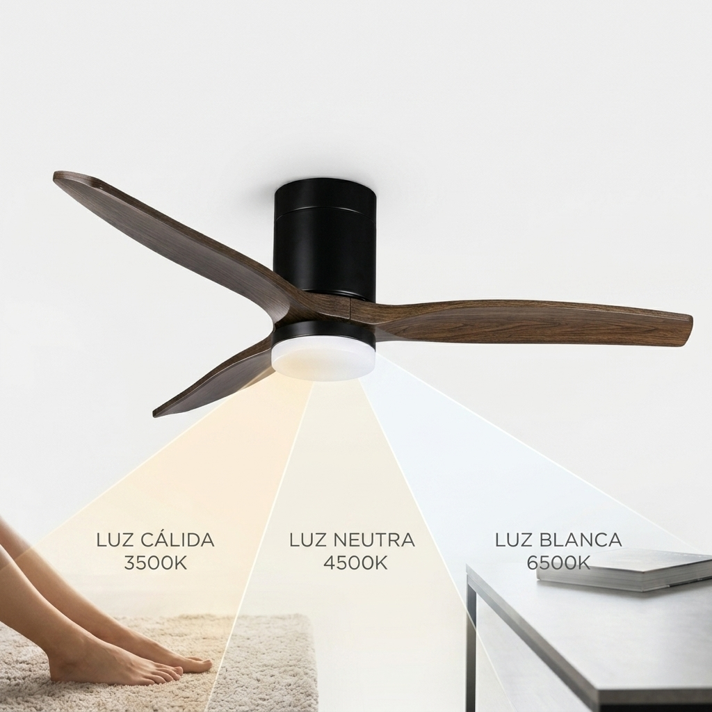 Ventilador de techo con tres aspas de madera y luz LED mostrando tres temperaturas.