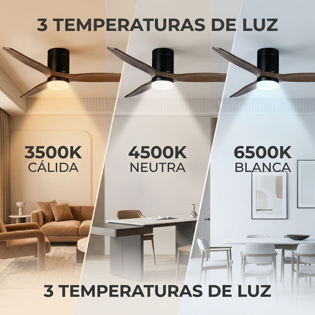 Ventilador de techo con luz en 3 temperaturas de color: cálida, neutra, blanca.