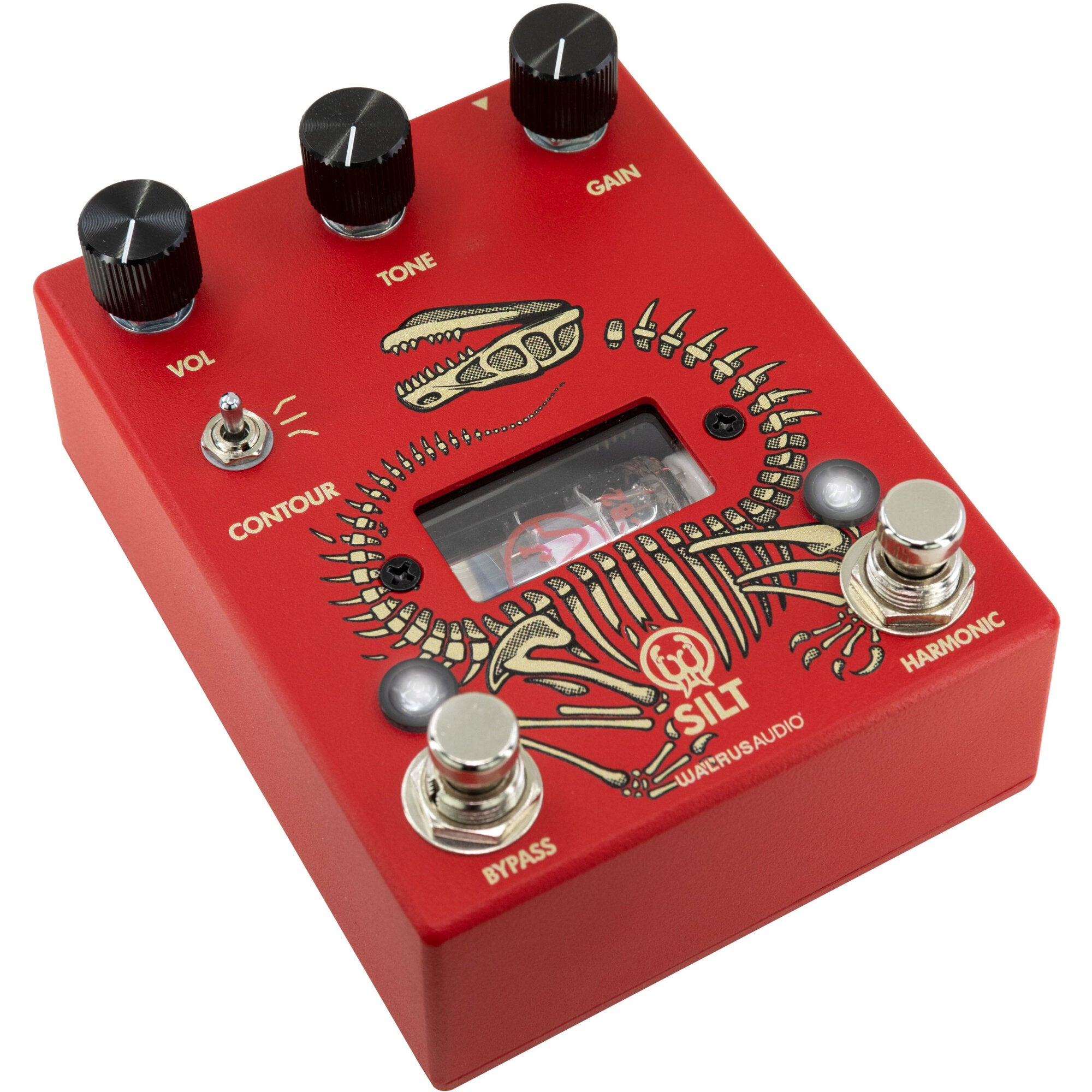 Red guitar effect pedal with dinosaur skeleton design, three knobs and two footswitches.