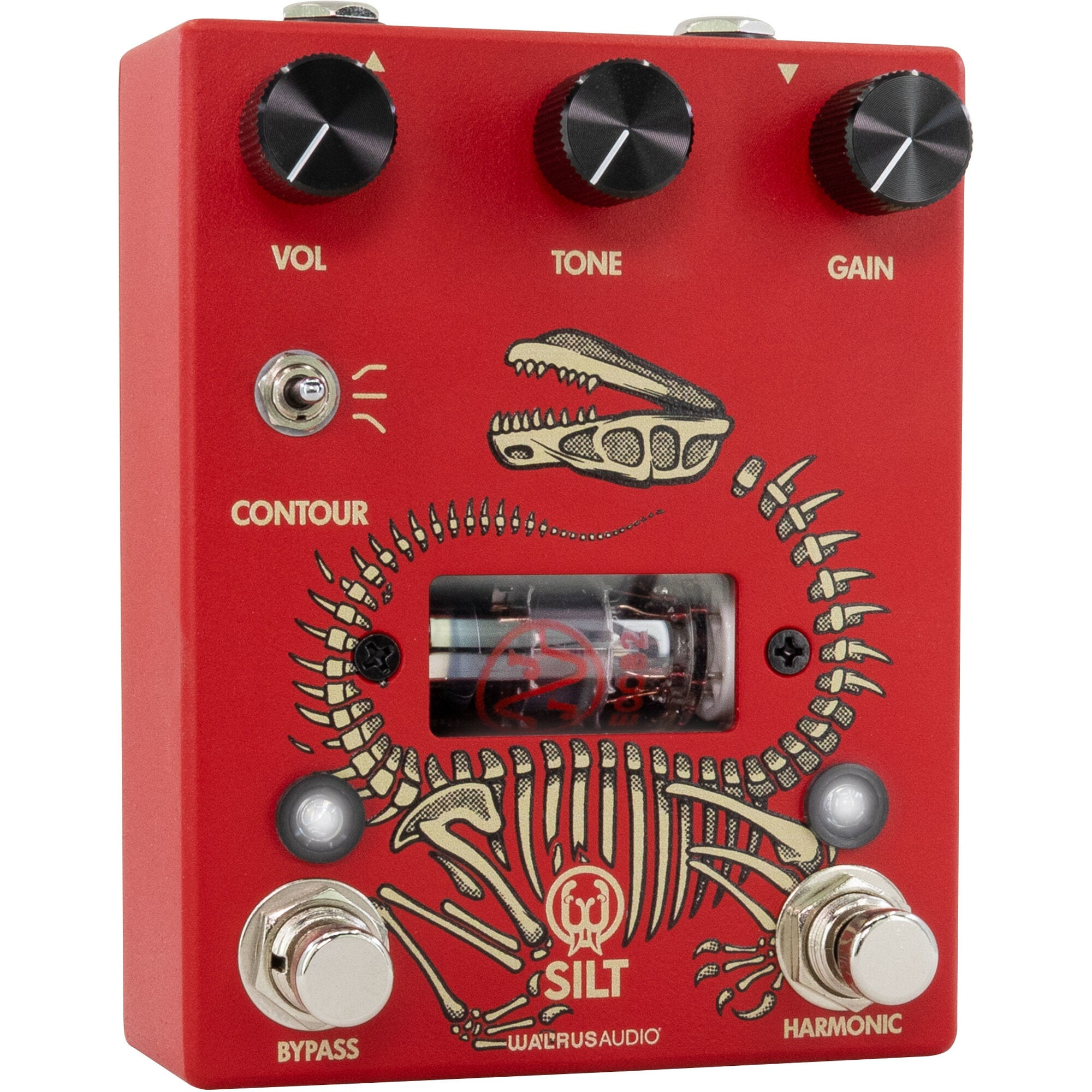 Red guitar pedal with a skeleton design, a vacuum tube, and three knobs.