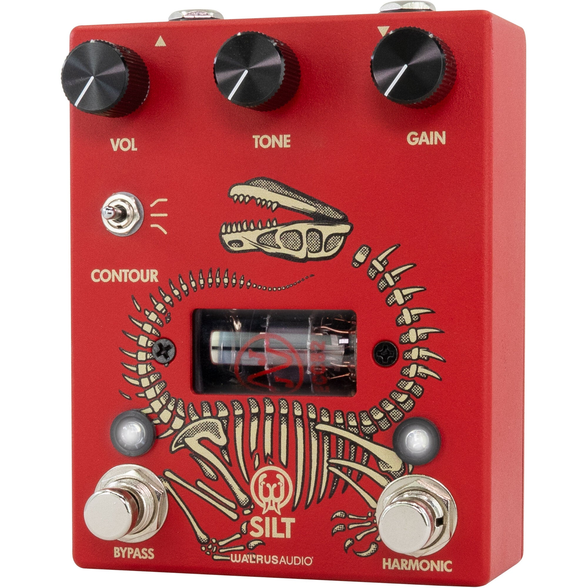 A red pedal featuring bone and skull graphics. It has knobs and switches.