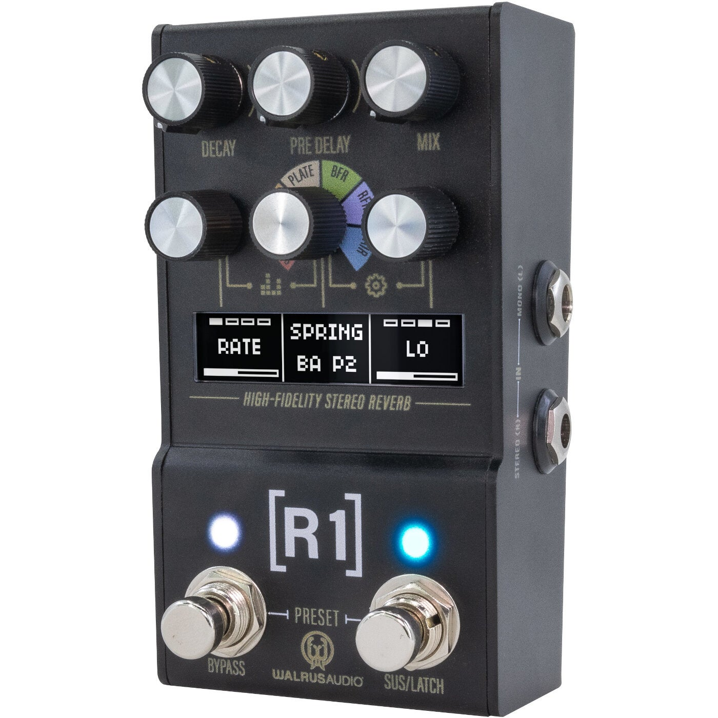 A black guitar effects pedal with knobs, a screen, and footswitches.
