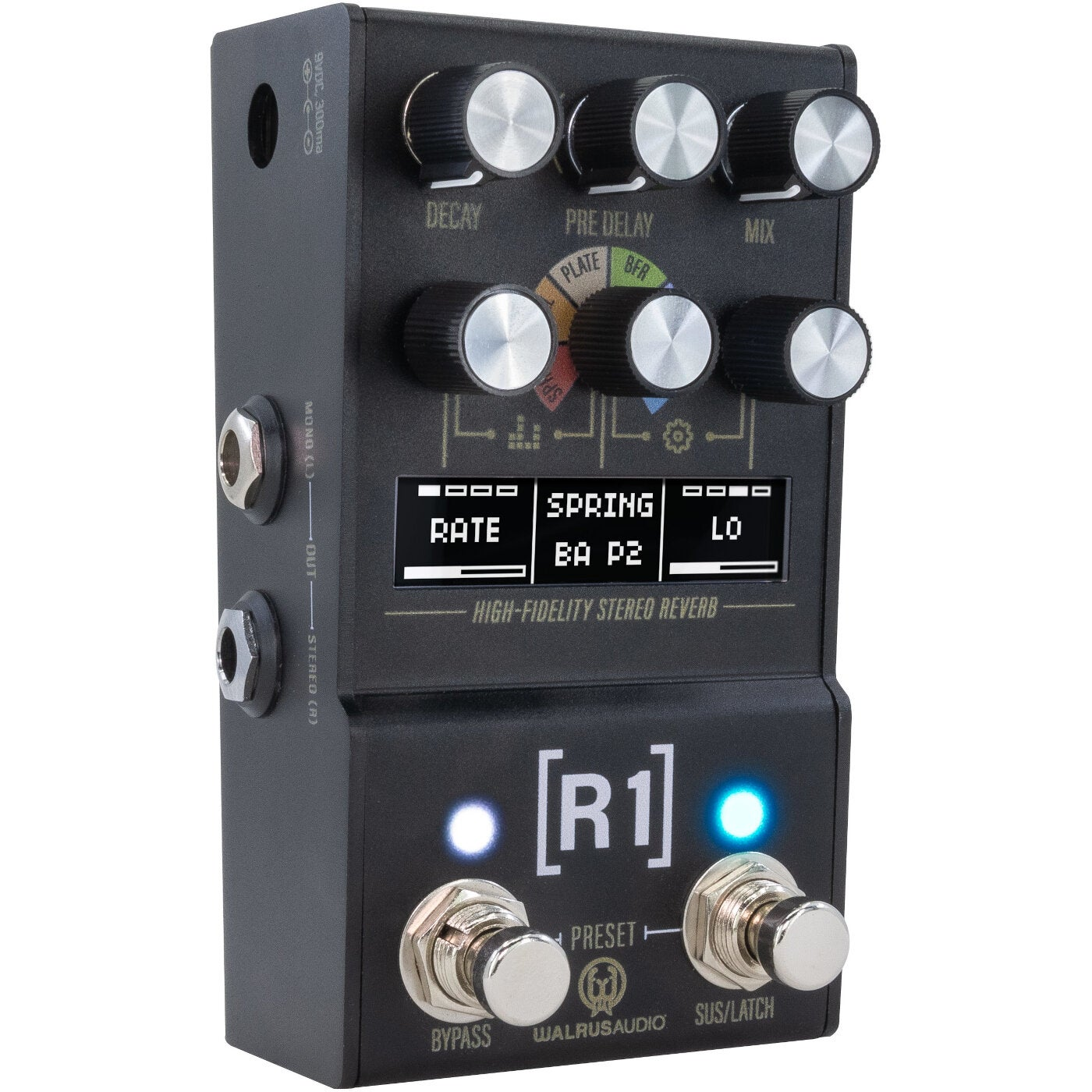 A black stereo reverb guitar effect pedal with knobs and a display screen.