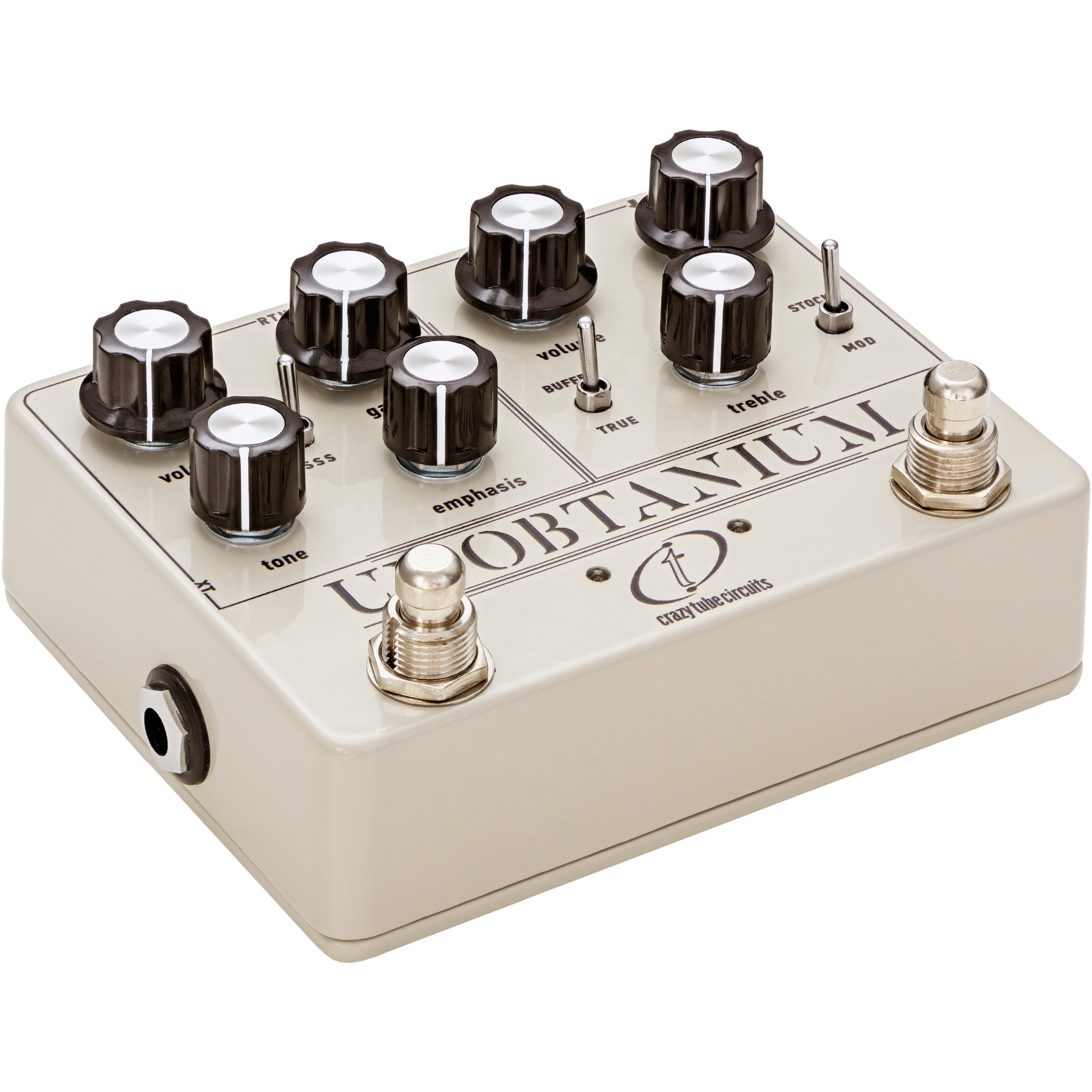 A beige guitar pedal with black knobs, labeled 'Uranium' and 'Crazy Tube Circuits'.