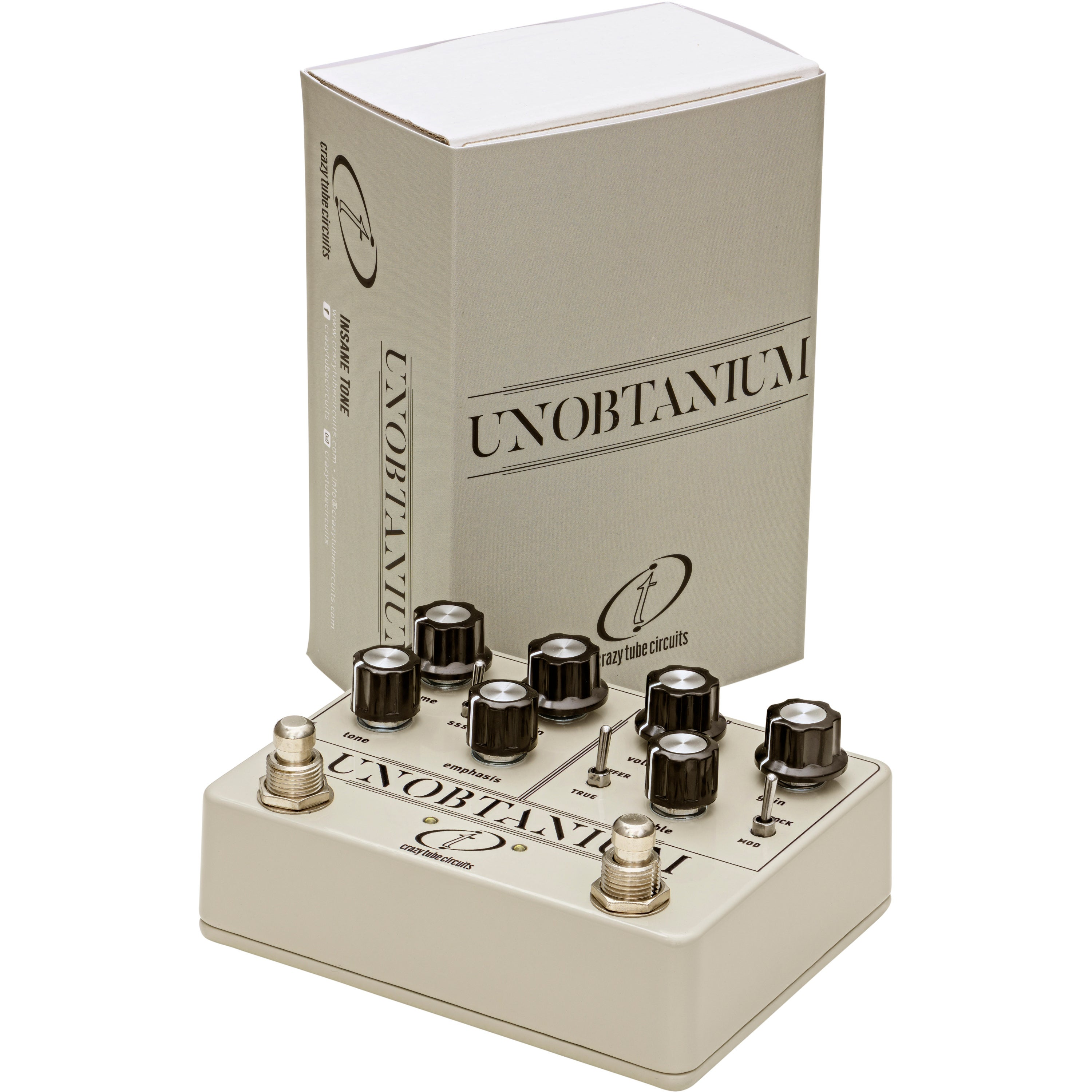 A light beige effect pedal with black knobs and labels, next to its matching box.