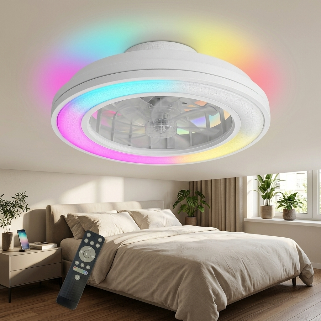 Ventilador de techo con iluminación RGB sobre una cama, mando a distancia en mesita.