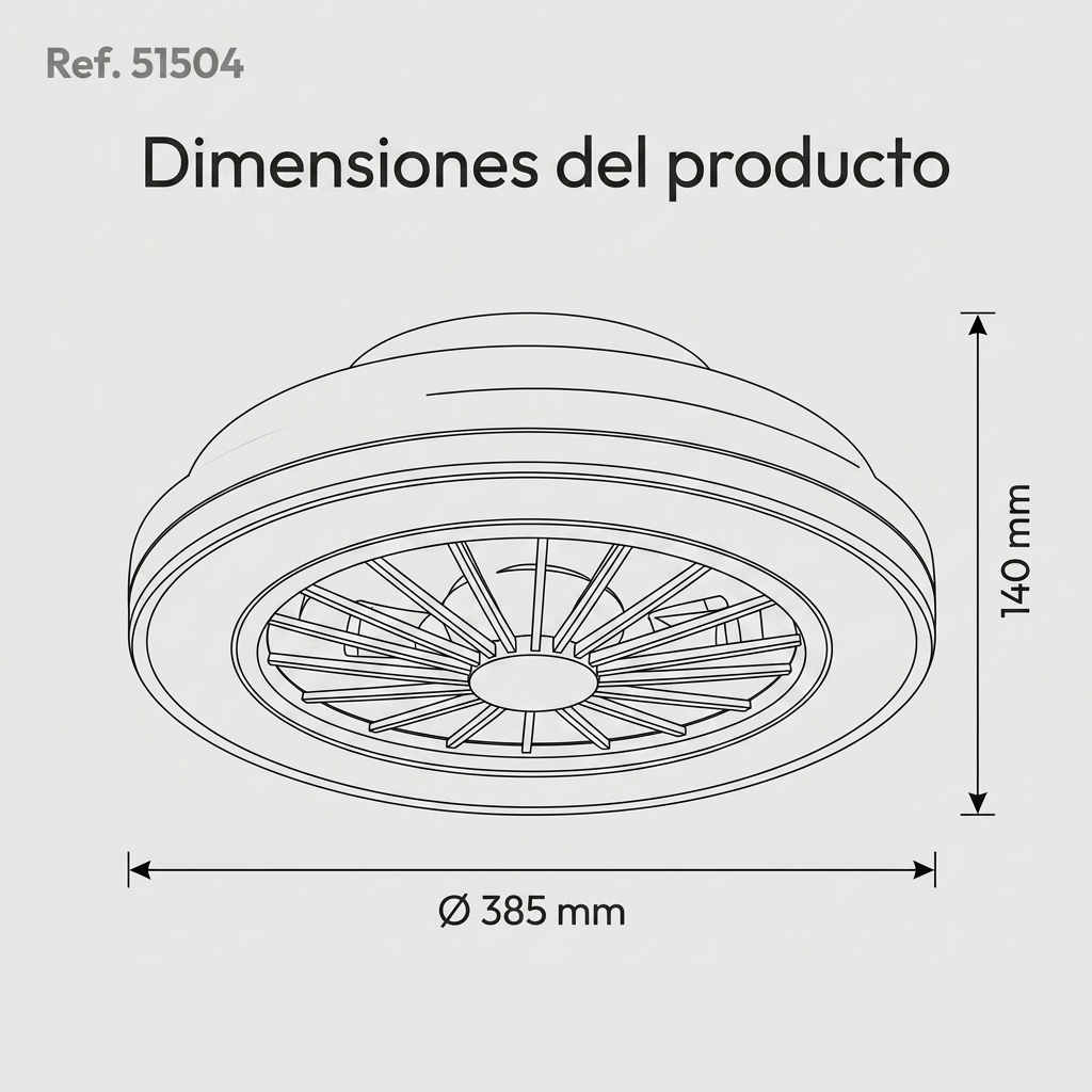 Dibujo técnico de un ventilador con dimensiones: diámetro 385 mm, altura 140 mm.