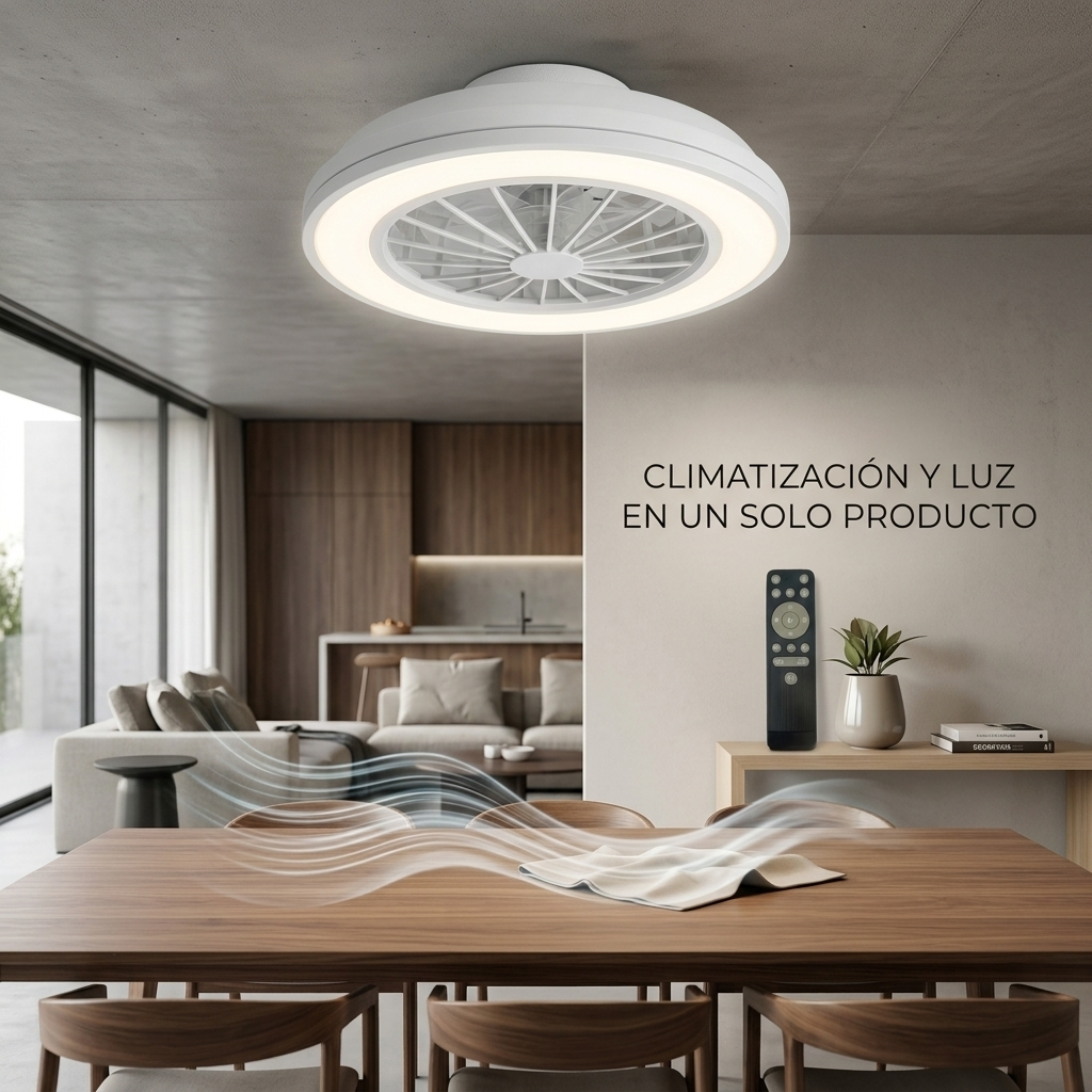 Ventilador de techo con luz sobre mesa de madera. Un mando a distancia cerca.