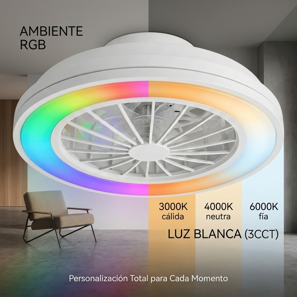 Un ventilador de techo blanco con un anillo de luz RGB colorido y opciones de luz blanca ajustable.