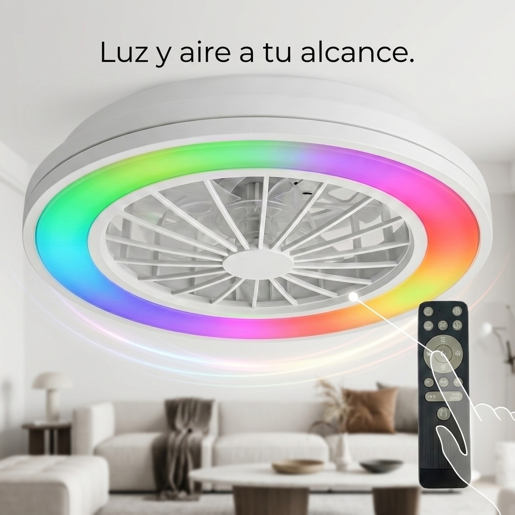 Lámpara de techo moderna con ventilador y LEDs de colores, con mando.