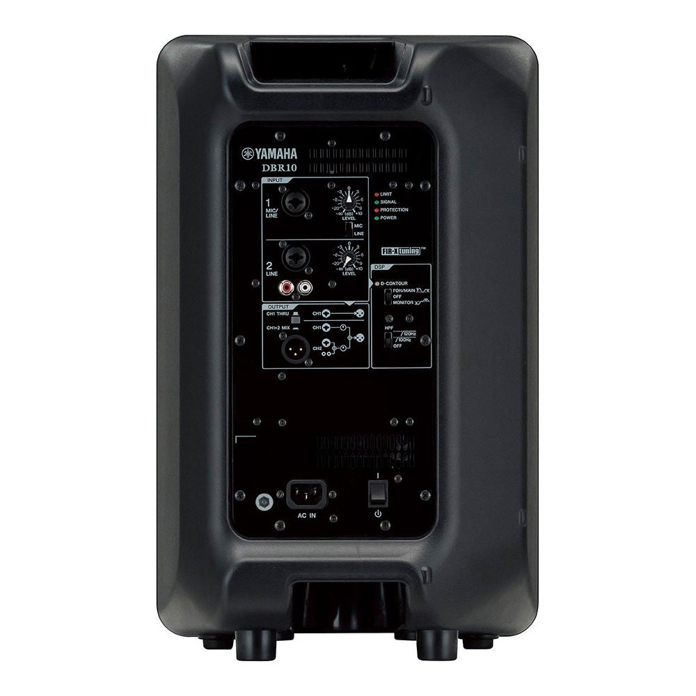 Vista posteriore di un altoparlante Yamaha DBR10 nero con ingressi e controlli.