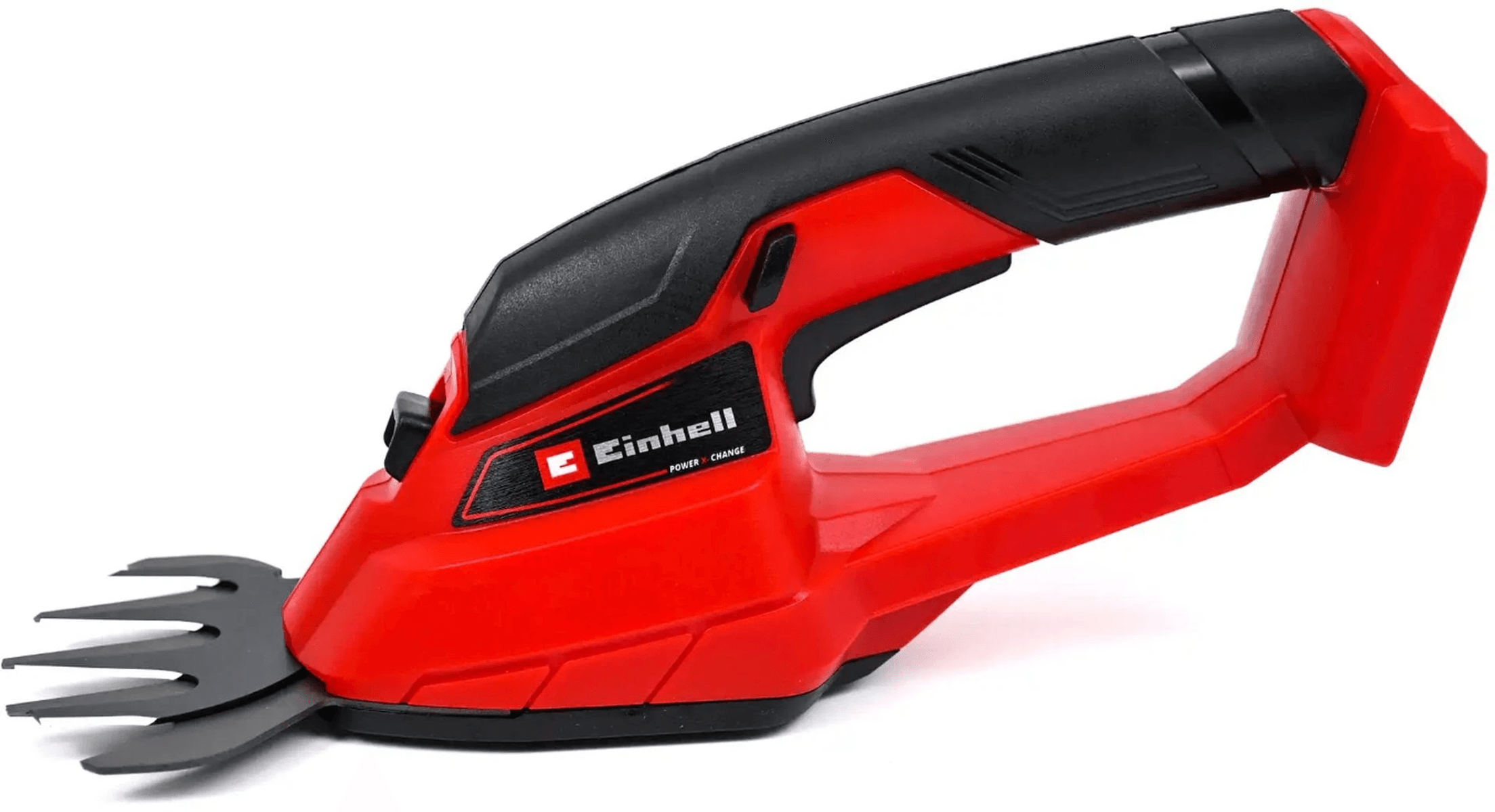 Ein roter und schwarzer Akku-Hochentaster von Einhell mit schwarzen Klingen wird gezeigt.