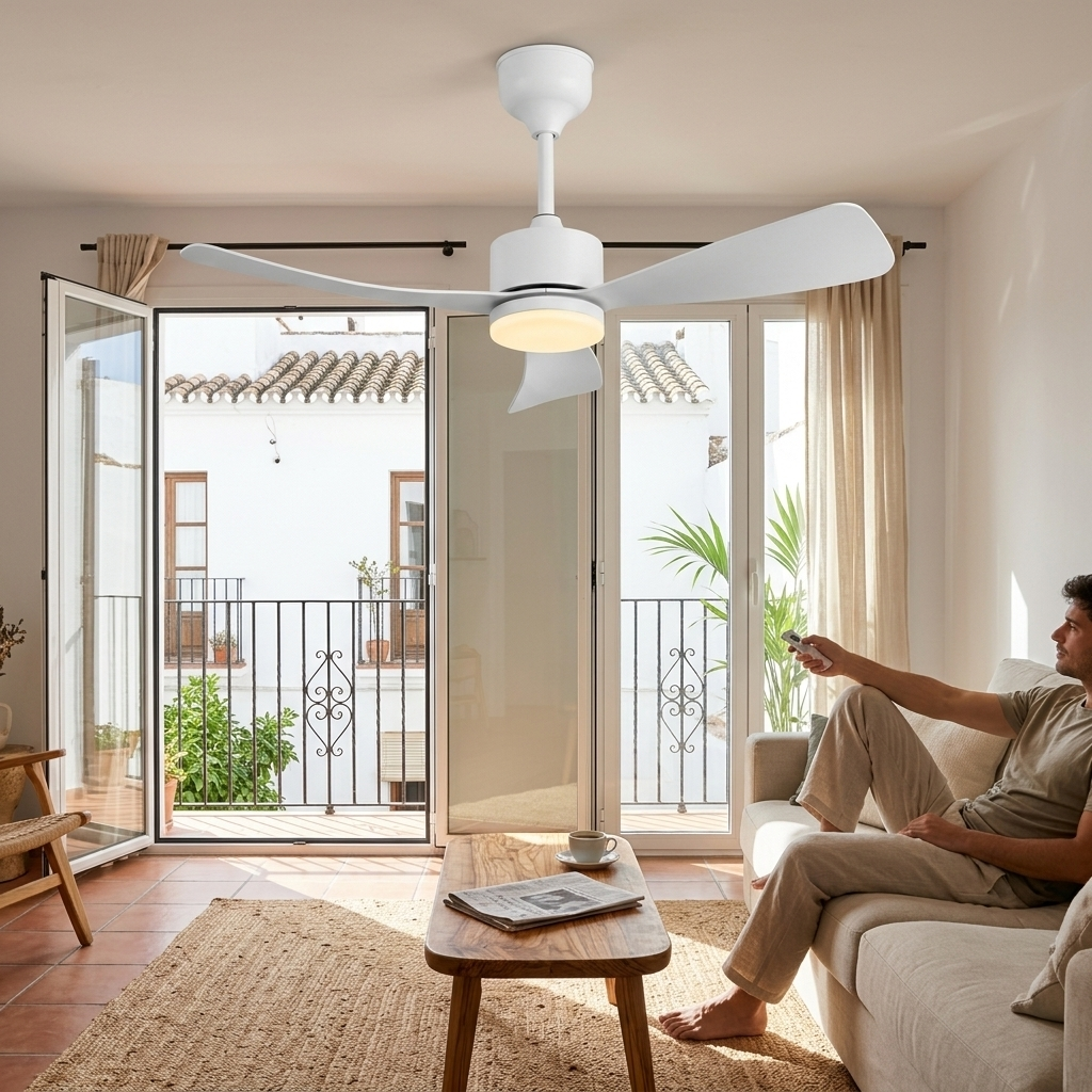 Hombre en sofá con mando, ventilador de techo blanco con luz sobre mesa café.