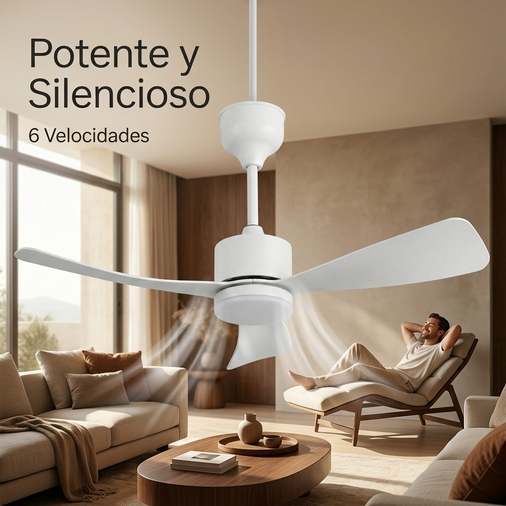 Un ventilador de techo blanco de 3 aspas en un salón con un hombre relajándose.