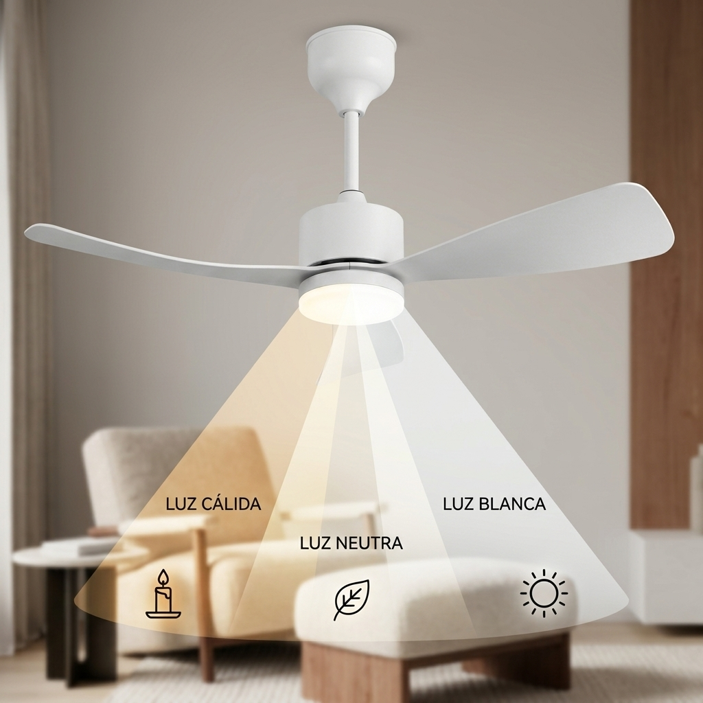 Un ventilador de techo blanco con luz, mostrando opciones de luz cálida, neutra y blanca.