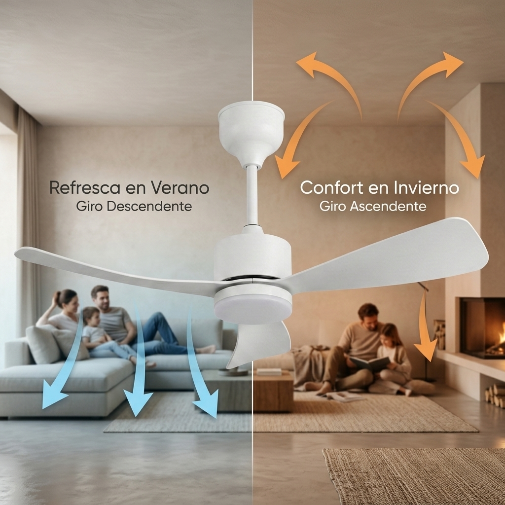 Ventilador de techo blanco muestra modos verano e invierno con familias en habitaciones acogedoras.