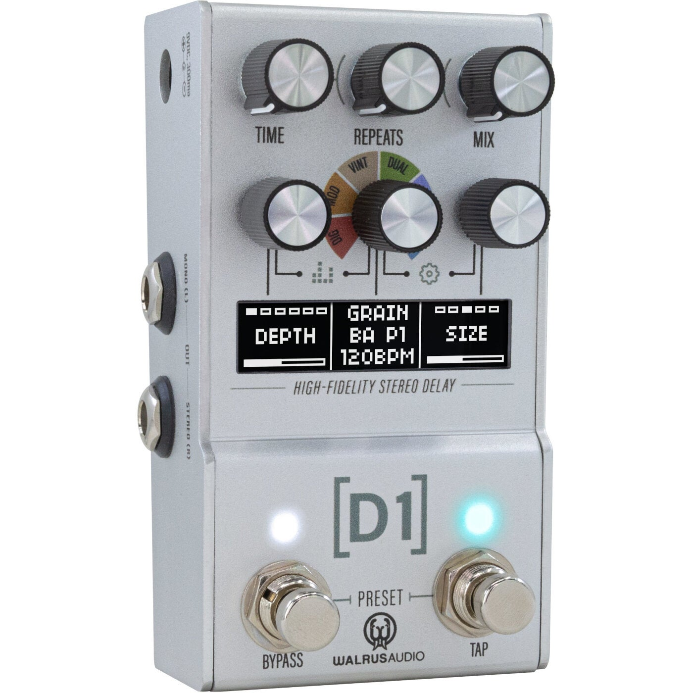 Silver effect pedal with knobs, display, and footswitches. Labeled: D1.