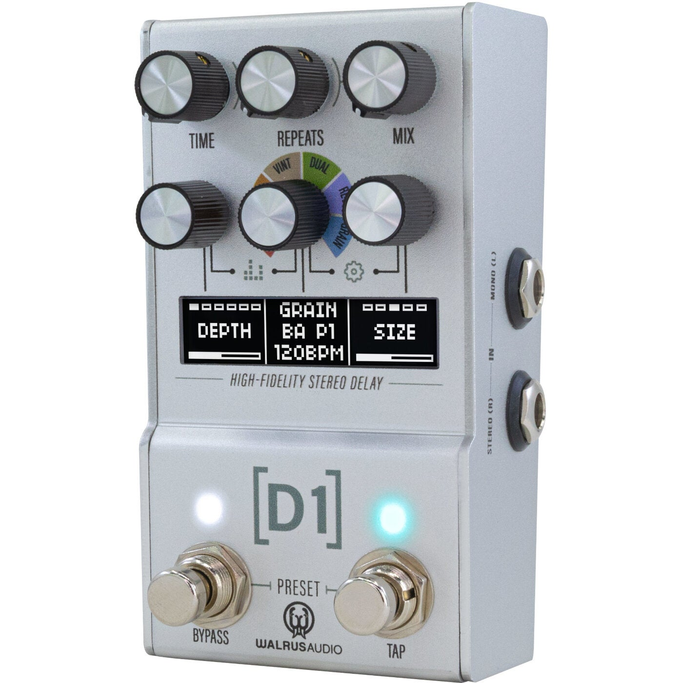 Silver delay effect pedal with knobs, screen and lights.