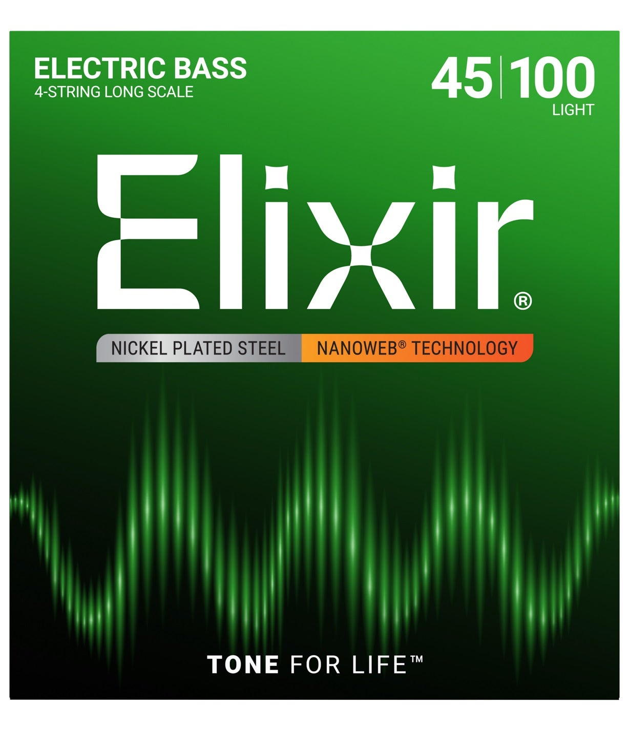 Elixir 4 telli uzun sap hafif elektro bas gitarası telleri için yeşil ambalaj.
