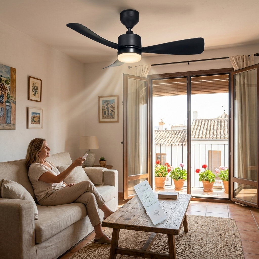 Una mujer se sienta en un sofá, operando el control remoto de un ventilador de techo.
