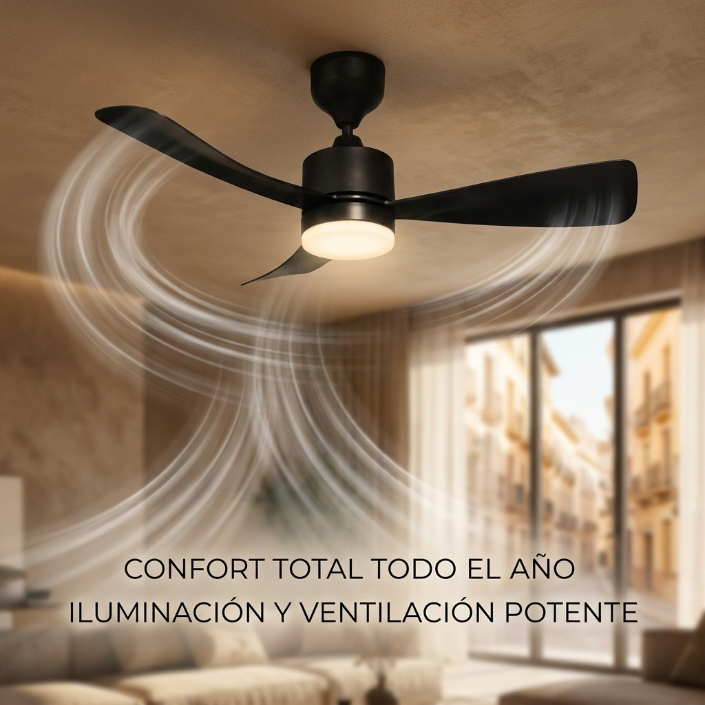 Ventilador de techo negro con luz circula aire en una habitación con vista a ventana.