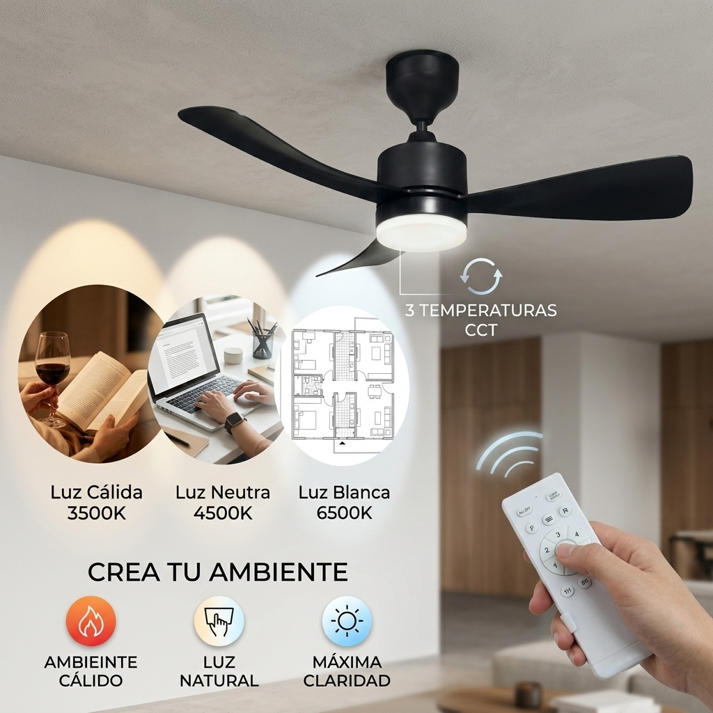 Ventilador de techo negro con luz, tres temperaturas de color y mando.