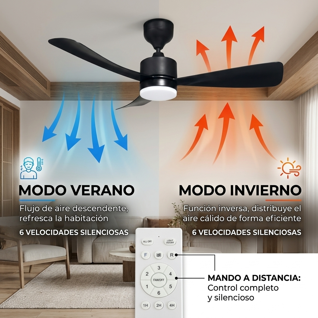 Ventilador de techo negro con mando a distancia, modos verano e invierno.