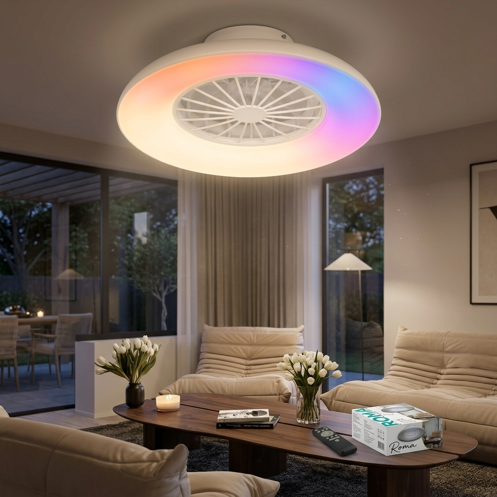 Sala de estar moderna con luz de ventilador de techo RGB y muebles.