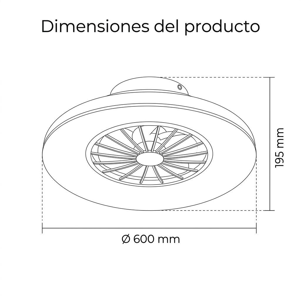 Dibujo técnico: Ventilador de techo de 600 mm diámetro y 195 mm altura.
