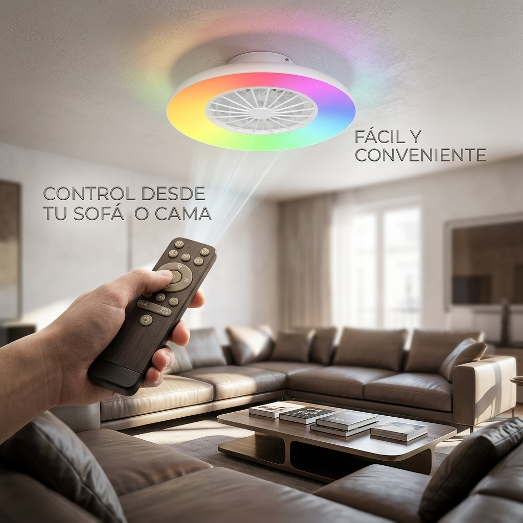 Una mano sostiene un mando a distancia apuntando a una lámpara de techo con ventilador y luces RGB.