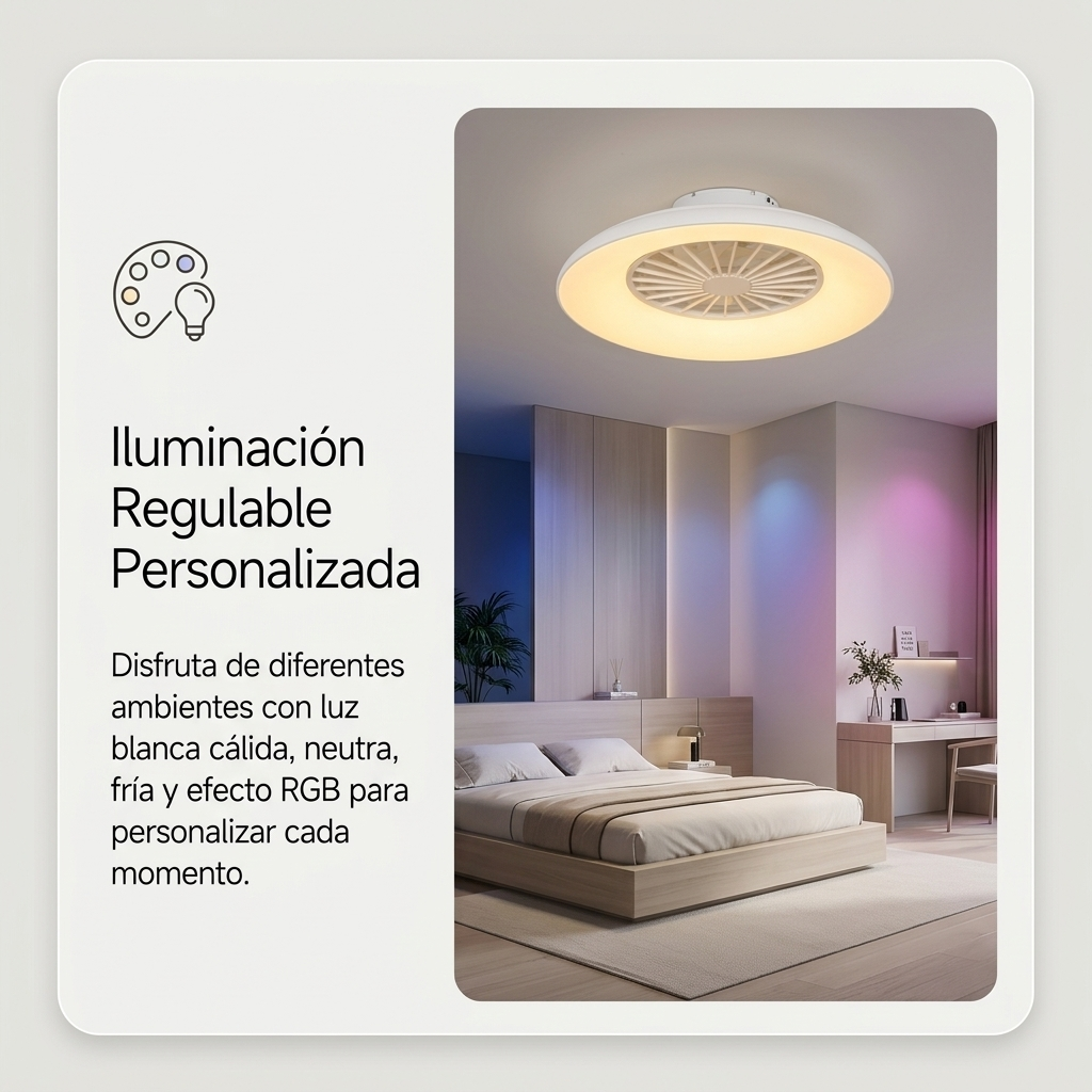Dormitorio moderno con lámpara de techo, ventilador e iluminación RGB.